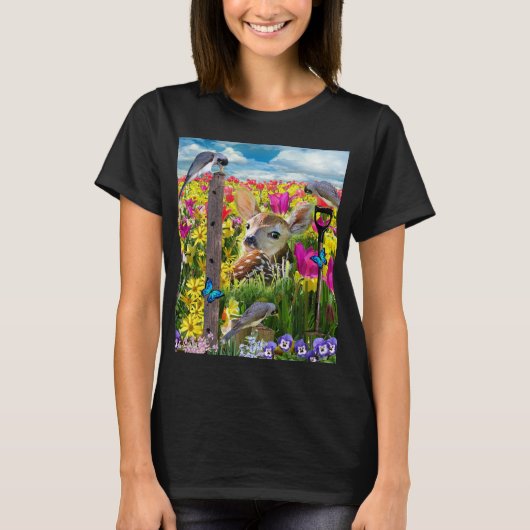 Fawn Birds Field of Flowers T-shirt (Voorkant)