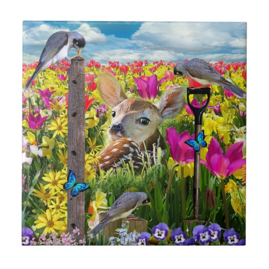 Fawn Birds Field of Flowers Tegeltje (Voorkant)