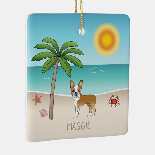 Fawn Boston Terrier bij een tropisch zomerstrand Keramisch Ornament (Rechts)