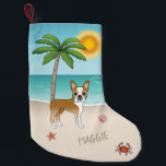 Fawn Boston Terrier bij een tropisch zomerstrand Kleine Kerstsok<br><div class="desc">Destei's originele cartoon illustratie van een schattige bruine vacht en witte jas kleur de Boston Terrier-kruidenhond die op een tropische zomersstrand staat. Op het beige kleurzand is er een palmboom, een roze riem samen met een zeester en een rode krab. Het water is turkooisblauw met wat golven en de zon...</div>