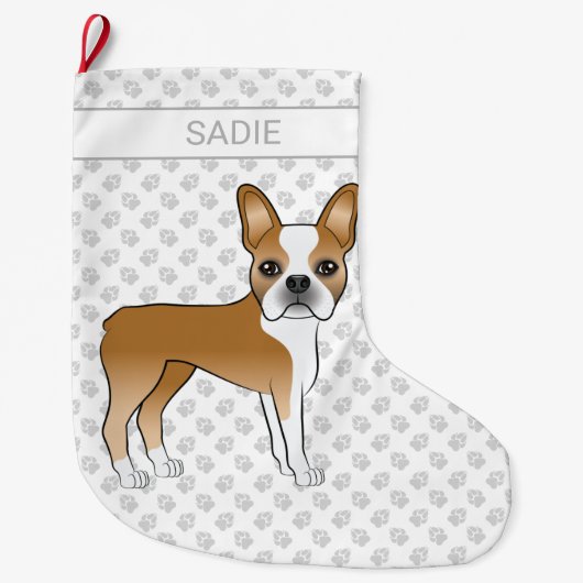 Fawn Boston Terrier Cartoon Dog & Custom Name Grote Kerstsok (Voorkant)