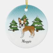 Fawn Boston Terrier in a Winter Forest & Name Keramisch Ornament (Voorkant)