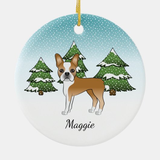 Fawn Boston Terrier in a Winter Forest & Name Keramisch Ornament (Achterkant)