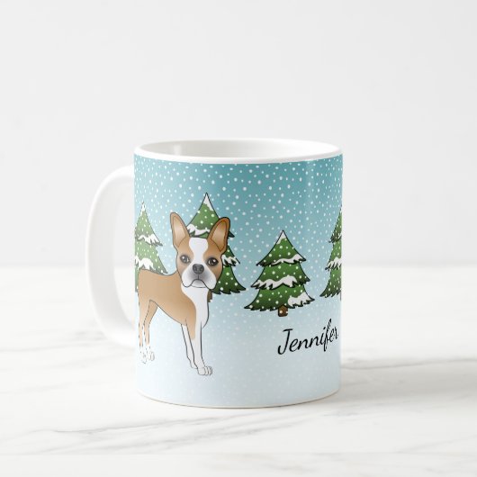 Fawn Boston Terrier in a Winter Forest & Name Koffiemok (Voorkant links)