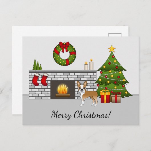 Fawn Boston Terrier in een feestelijke kerstzaal Briefkaart (Voorkant / Achterkant)