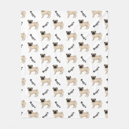 Fawn Cartoon Pug Dog Met Dog's Naam Patroon Fleece Deken (Voorkant)