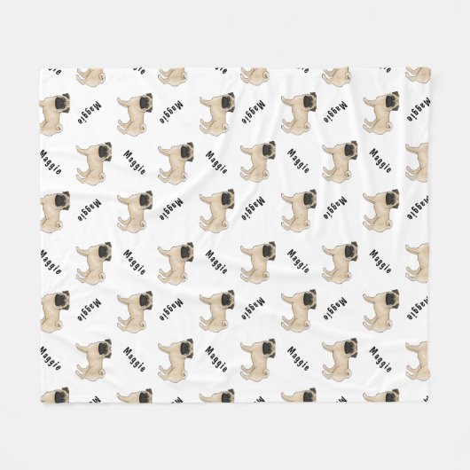 Fawn Cartoon Pug Dog Met Dog's Naam Patroon Fleece Deken (Voorkant (Horizontaal))