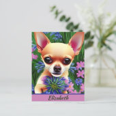 Fawn Chihuahua Puppy in Flower Meadow Personalized Briefkaart (Staand voorkant)
