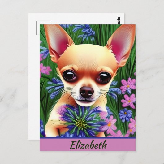 Fawn Chihuahua Puppy in Flower Meadow Personalized Briefkaart (Voorkant / Achterkant)