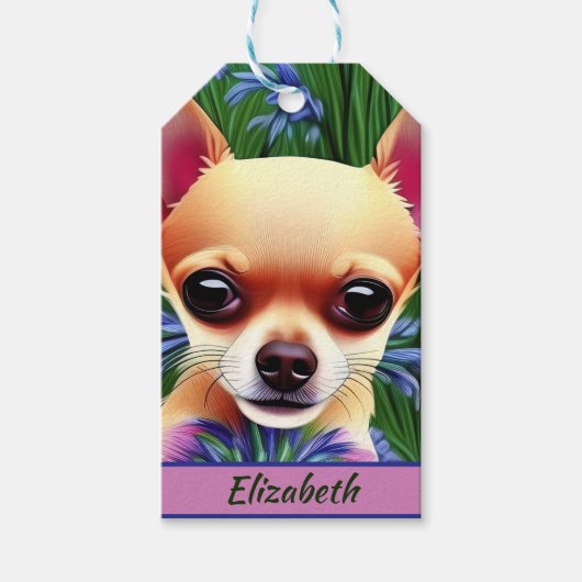Fawn Chihuahua Puppy in Flower Meadow Personalized Cadeaulabel (Voorkant)