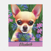Fawn Chihuahua Puppy in Flower Meadow Personalized Fleece Deken (Voorkant)