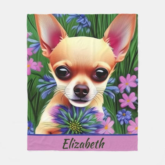 Fawn Chihuahua Puppy in Flower Meadow Personalized Fleece Deken (Voorkant)