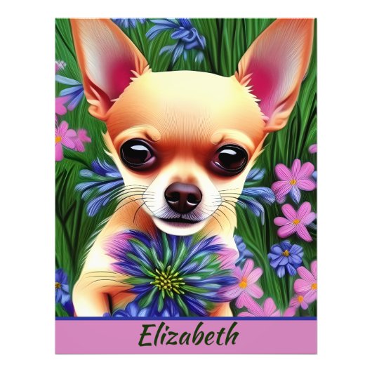 Fawn Chihuahua Puppy in Flower Meadow Personalized Foto Afdruk (Voorkant)