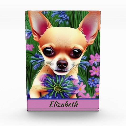 Fawn Chihuahua Puppy in Flower Meadow Personalized Fotoblokken (Voorkant)