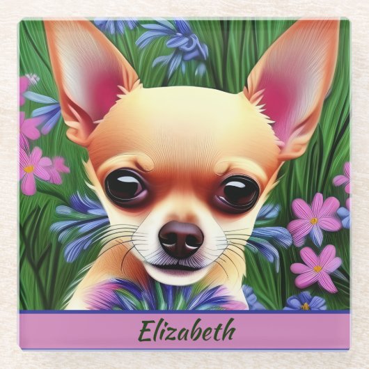 Fawn Chihuahua Puppy in Flower Meadow Personalized Glazen Onderzetter (Voorkant)