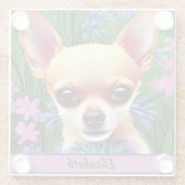 Fawn Chihuahua Puppy in Flower Meadow Personalized Glazen Onderzetter (Achterkant)