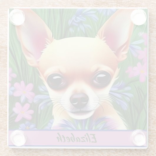 Fawn Chihuahua Puppy in Flower Meadow Personalized Glazen Onderzetter (Achterkant)