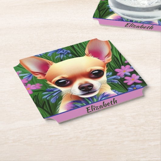 Fawn Chihuahua Puppy in Flower Meadow Personalized Kartonnen Onderzetters (Gekanteld)