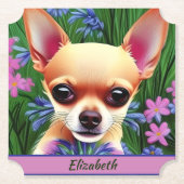 Fawn Chihuahua Puppy in Flower Meadow Personalized Kartonnen Onderzetters (Voorkant)