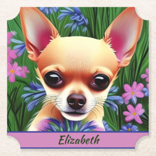 Fawn Chihuahua Puppy in Flower Meadow Personalized Kartonnen Onderzetters