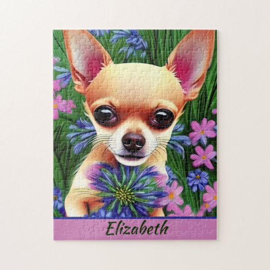 Fawn Chihuahua Puppy in Flower Meadow Personalized Legpuzzel (Verticaal)