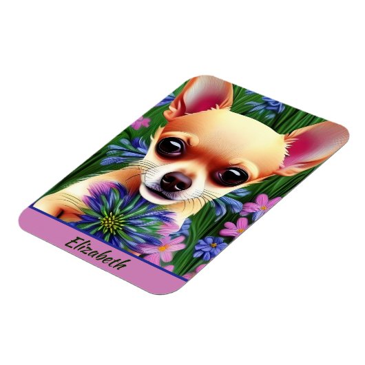 Fawn Chihuahua Puppy in Flower Meadow Personalized Magneet (Linkerzijde)