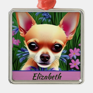 Fawn Chihuahua Puppy in Flower Meadow Personalized Metalen Ornament