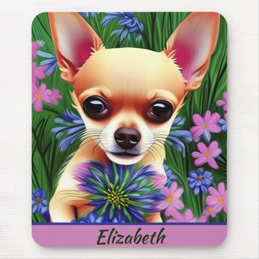 Fawn Chihuahua Puppy in Flower Meadow Personalized Muismat (Voorkant)