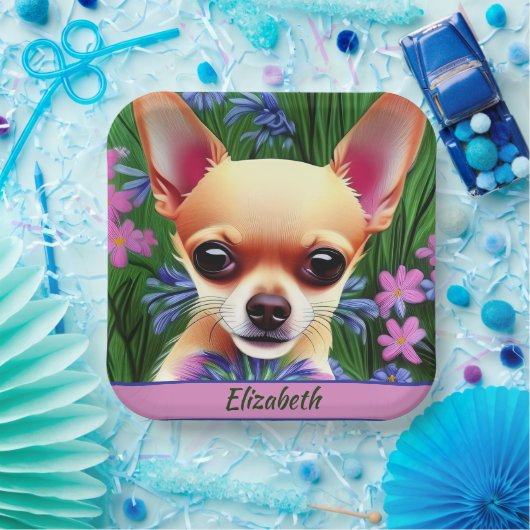Fawn Chihuahua Puppy in Flower Meadow Personalized Papieren Bordje (Feest)