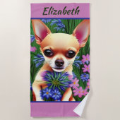 Fawn Chihuahua Puppy in Flower Meadow Personalized Strandlaken (Voorkant)
