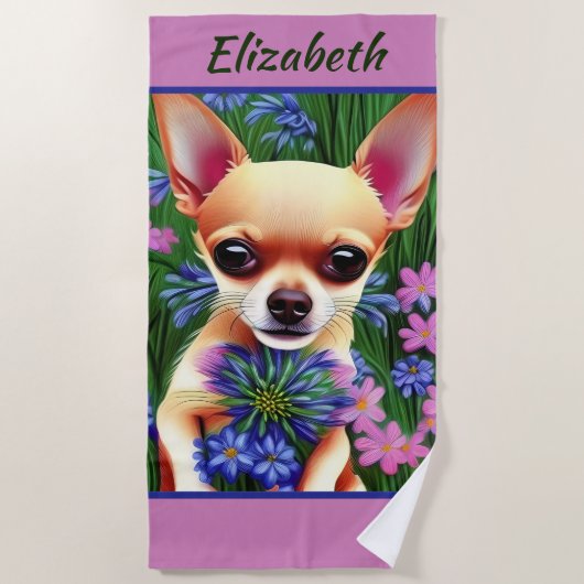 Fawn Chihuahua Puppy in Flower Meadow Personalized Strandlaken (Voorkant)