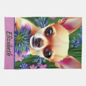 Fawn Chihuahua Puppy in Flower Meadow Personalized Theedoek (Horizontaal)