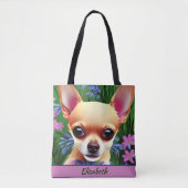 Fawn Chihuahua Puppy in Flower Meadow Personalized Tote Bag (Voorkant)