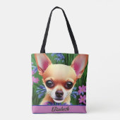 Fawn Chihuahua Puppy in Flower Meadow Personalized Tote Bag (Achterkant)