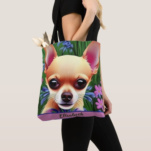 Fawn Chihuahua Puppy in Flower Meadow Personalized Tote Bag (Dichtbij)