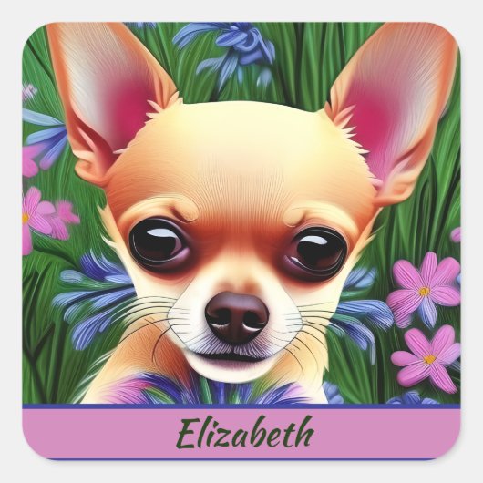 Fawn Chihuahua Puppy in Flower Meadow Personalized Vierkante Sticker (Voorkant)