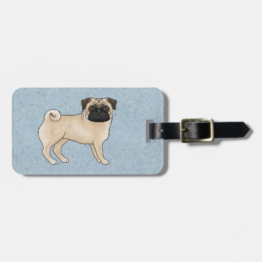 Fawn Coat Kleur Pug Mops Hondenras Design Blauw Bagagelabel (Voorkant horizontaal)