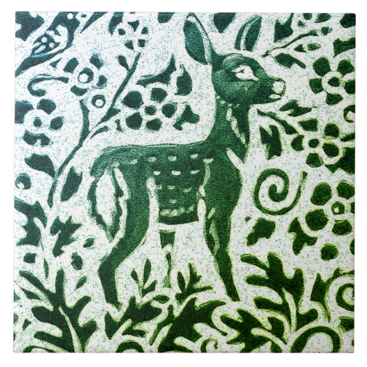 Fawn Deer Batik Modern Green Blue Floral Woodland Tegeltje (Voorkant)