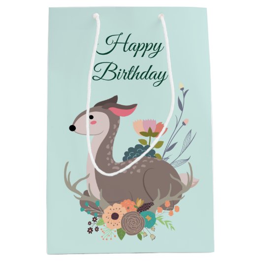 Fawn Deer Floral Birthday Personalized Medium Cadeauzakje (Voorkant)