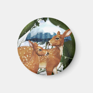 Fawn Deer in Winter Scene Round Magnet