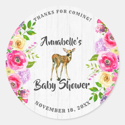 Fawn Deer Waterverf Bloemen Baby shower Dank u Ronde Sticker (Voorkant)