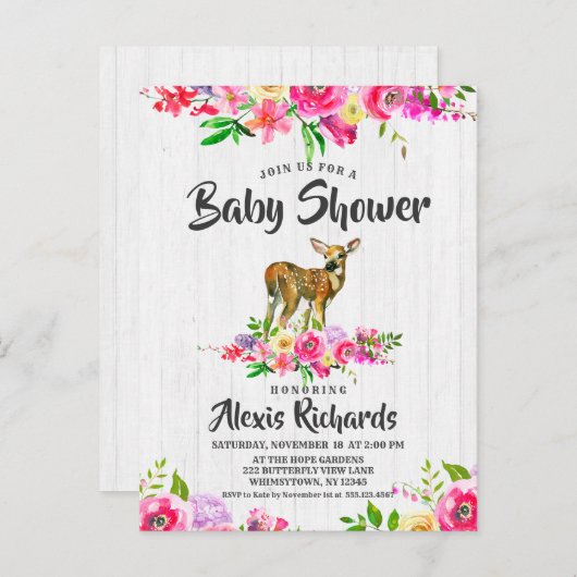 Fawn Deer Waterverf Bloemen Baby shower Uitnodigin Uitnodiging Briefkaart (Voorkant / Achterkant)