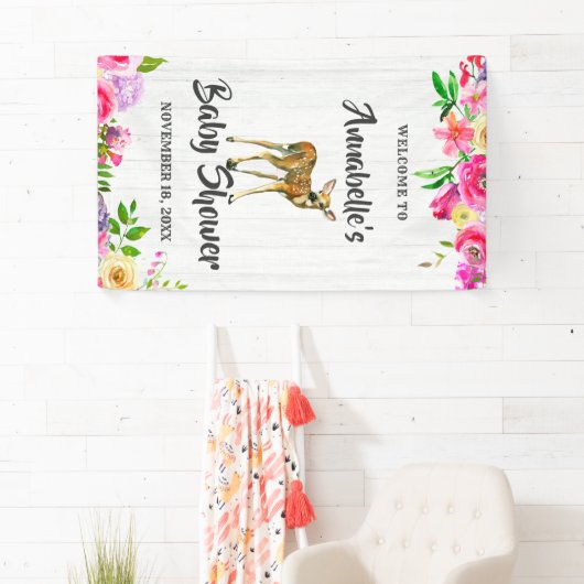 Fawn Deer Waterverf Bloemen Baby shower Welkom Spandoek (Insitu)