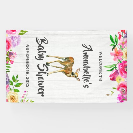 Fawn Deer Waterverf Bloemen Baby shower Welkom Spandoek (Horizontaal)