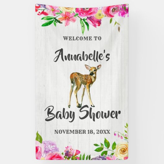 Fawn Deer Waterverf Bloemen Baby shower Welkom Spandoek (Verticaal)