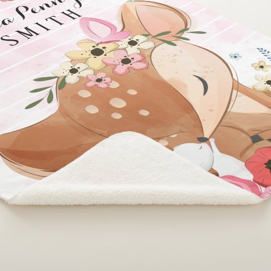 Fawn Deer Waterverf Flowers Pink Stripes + Name Sherpa Deken (3/4)