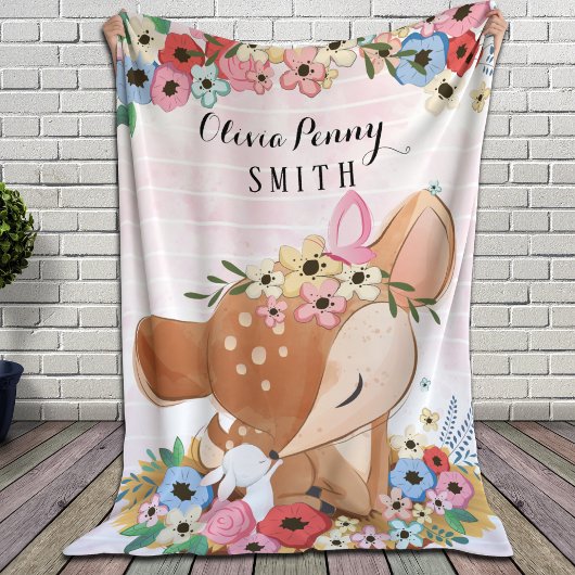 Fawn Deer Waterverf Flowers Pink Stripes + Name Sherpa Deken