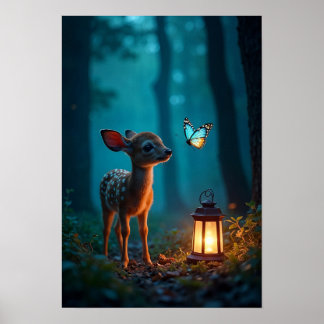 Fawn en vlinder in betoverd bos poster