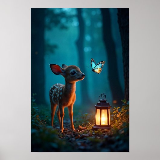 Fawn en vlinder in betoverd bos poster (Voorkant)