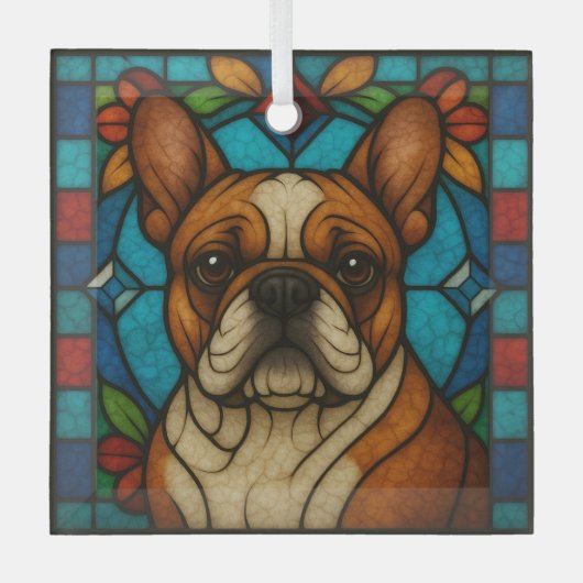 Fawn Franse Bulldog "Glas in lood" Glas Ornament (Voorkant)
